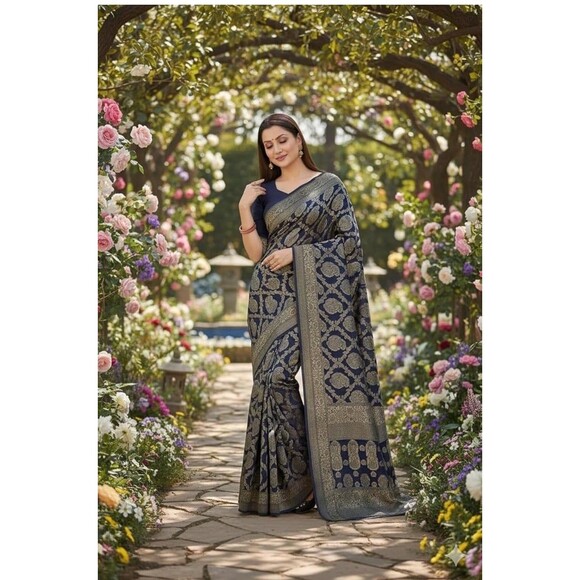 Women's Kanjivaram Pure Banarsi Silk Saree With Blouse Piece Golden Zari NWT - Picture 4 of 12